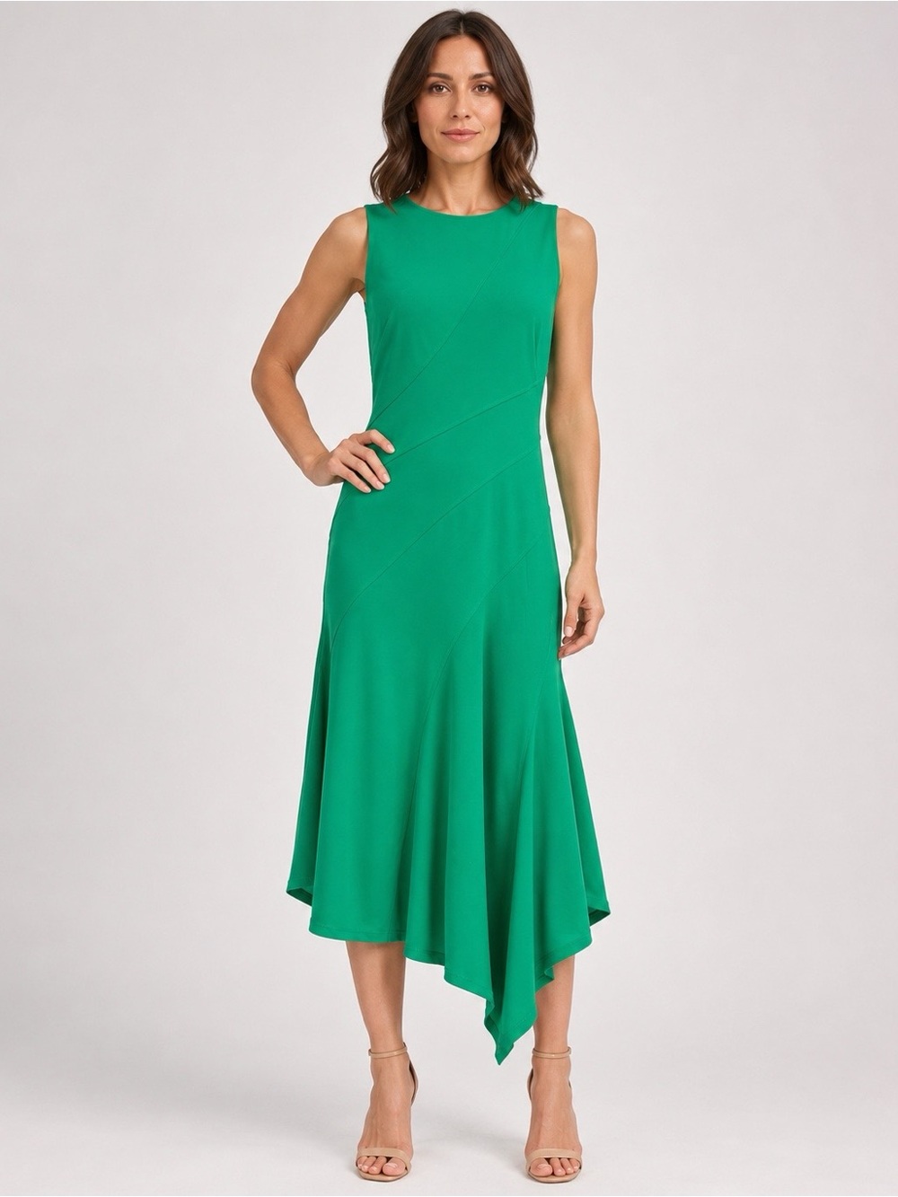 Danny & Nicole Green Asymmetrical Midi Dress Size 12 Sleeveless Fit & Flare